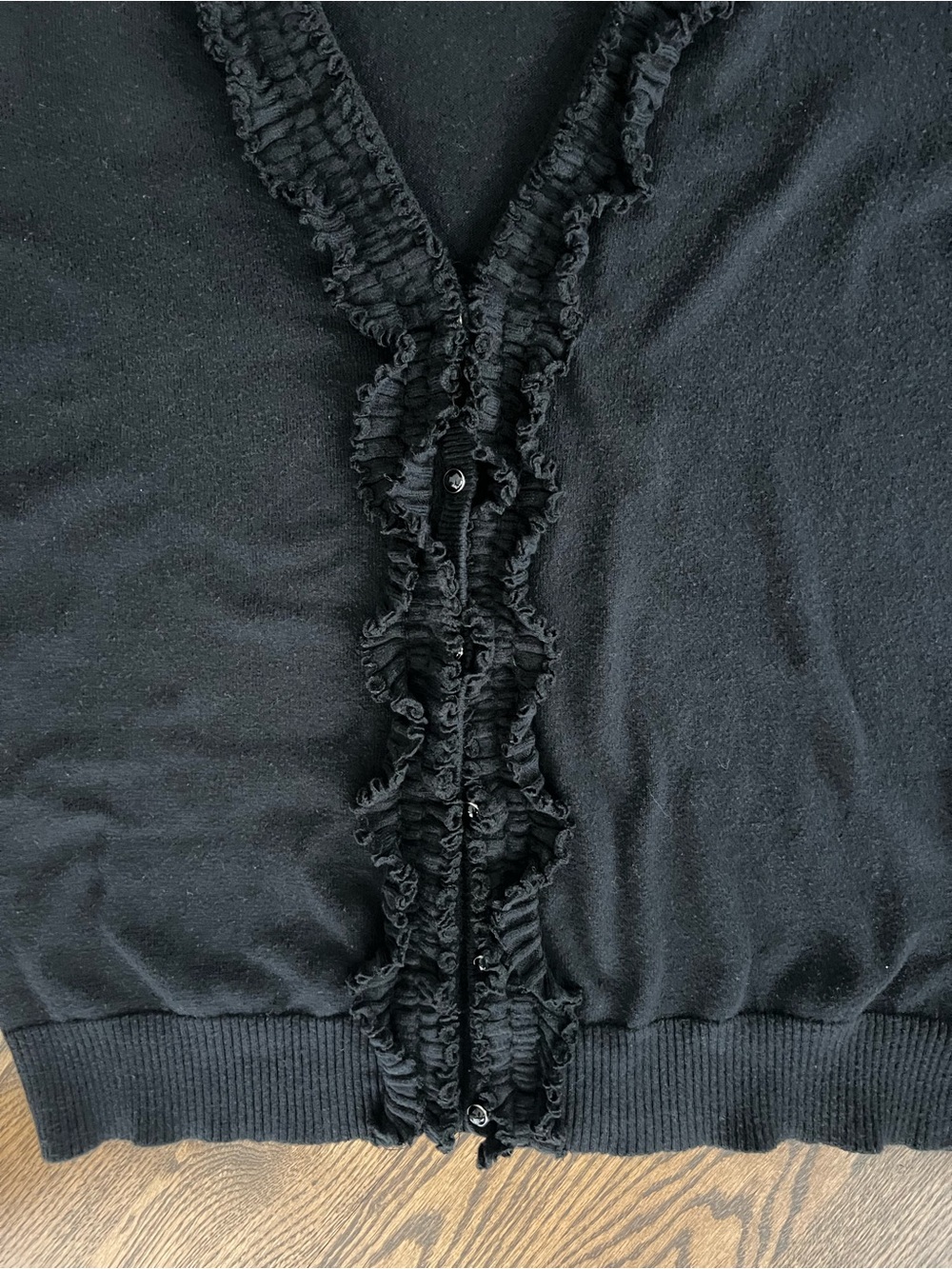 Anne Klein Black Ruffle-Trim Button Front Cardigan